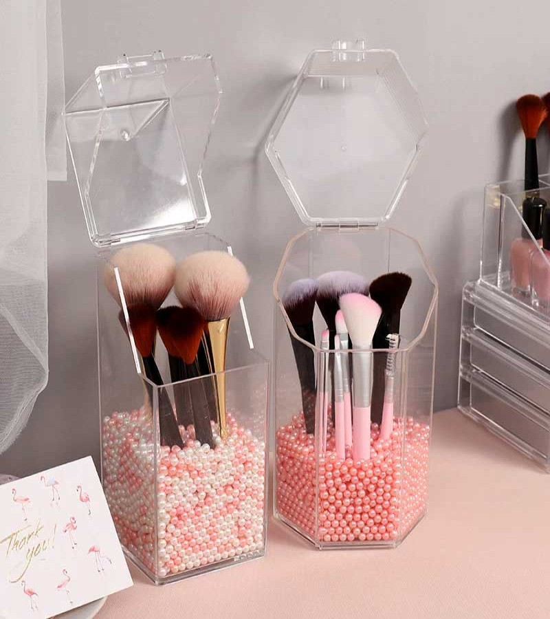 Clear Acrylic Makeup Brush Holder Dustproof Organizer Storage Case With Pearls