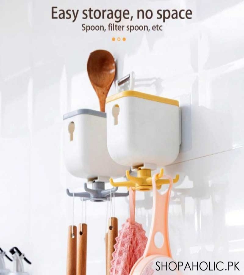 Self-Adhesive Wall Storage Box Organizer With 360 Degree Rotating 6 Hooks